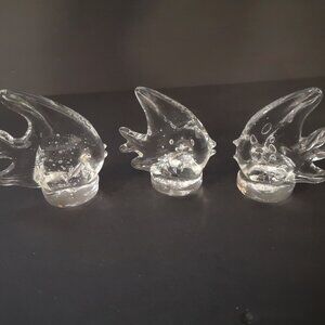 Vintage Set of 3 Clear Art Glass Angel Fish Handblown Paperweights w/ Bubbles